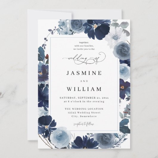 Floral Wedding Blue & Navy Kaart (Voorkant)