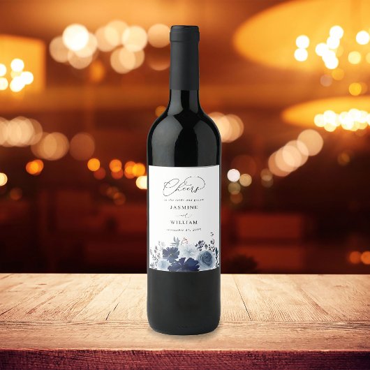 Floral Wedding Blue & Navy Wijn Etiket