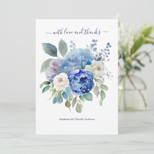 Floral Wedding Blue White Waterverf Bedankkaart (Staand voorkant)