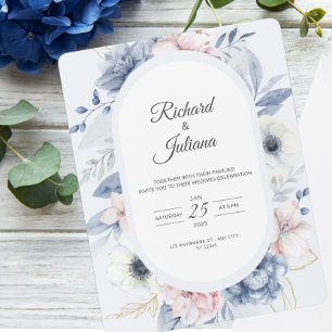 Floral Wedding Blue White Waterverf Kaart
