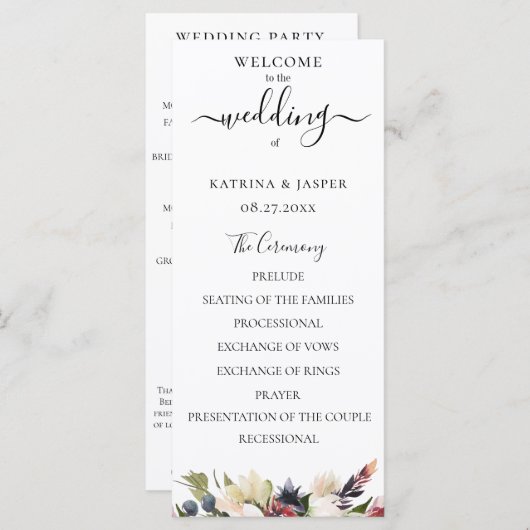 Floral Wedding Blush Plum Waterverf Programmakaart (Voorkant / Achterkant)