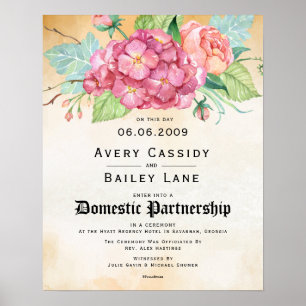 Floral Wedding Certificate "Domestic Partnership" Poster