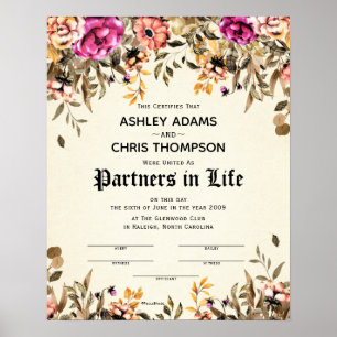 Floral Wedding Certificate "Partners for Life" Poster