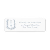 Floral Wedding Crest Stoffig Blauw retouradres Etiket (Voorkant)