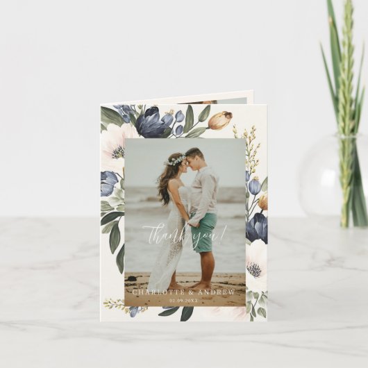 Floral Wedding Dank u 3 foto's Bedankkaart (Voorkant)