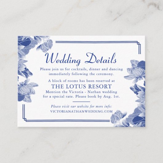 Floral Wedding Details Blue & White Chinoiserie Informatiekaartje (Voorkant)