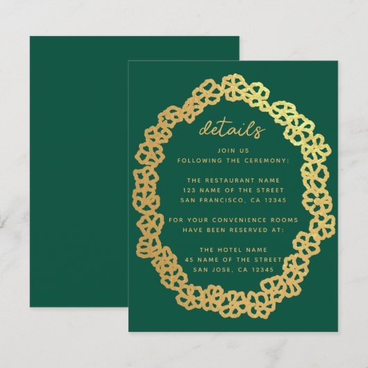 Floral Wedding Details Emerald Green Gouden Krans Informatiekaartje (Voorkant / Achterkant)