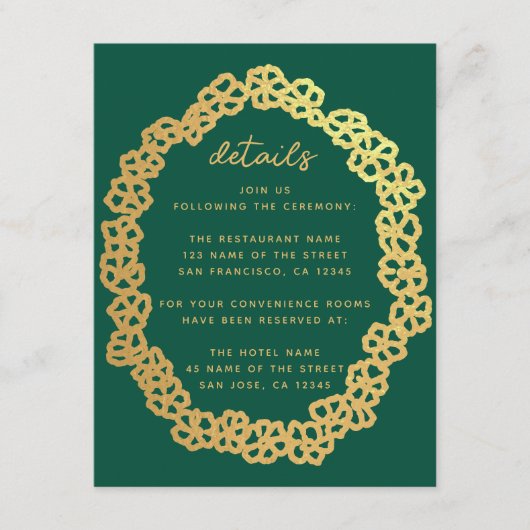 Floral Wedding Details Emerald Green Gouden Krans Informatiekaartje (Voorkant)