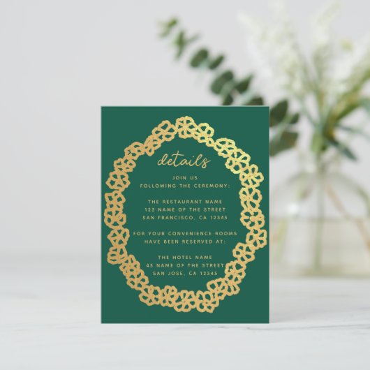 Floral Wedding Details Emerald Green Gouden Krans Informatiekaartje (Staand voorkant)