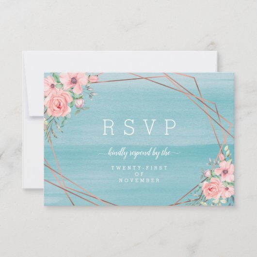 Floral Wedding door Blush Aqua Beachy Waterverf RSVP Kaartje (Voorkant)