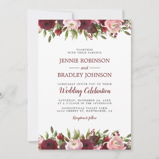 Floral Wedding door Blush Burgundy Waterverf Kaart (Voorkant)