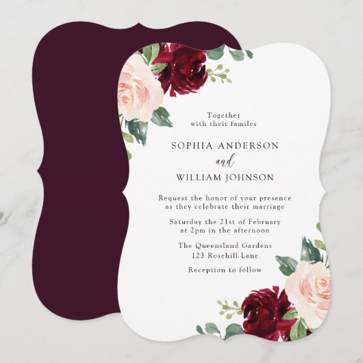 Floral Wedding door Blush & Burgundy Waterverf Kaart (Voorkant / Achterkant)