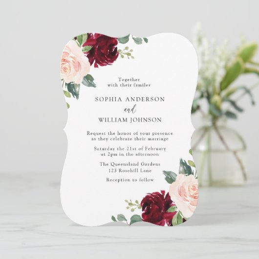 Floral Wedding door Blush & Burgundy Waterverf Kaart (Staand voorkant)