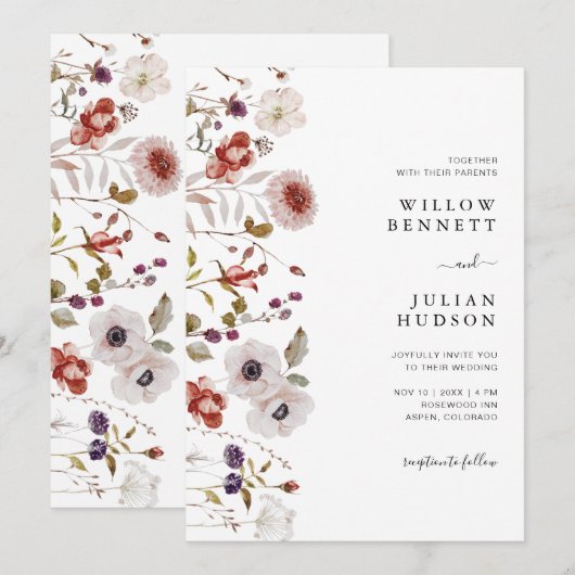 Floral Wedding door Blush Burgundy Waterverf Kaart (Voorkant / Achterkant)