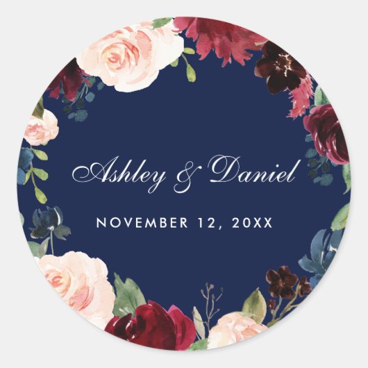 Floral Wedding door Bourgogne Blue Waterverf Ronde Sticker (Voorkant)