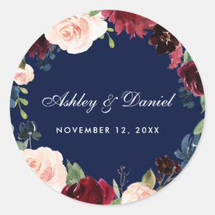 Floral Wedding door Bourgogne Blue Waterverf Ronde Sticker