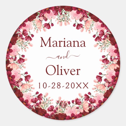 Floral Wedding door Bourgogne Pink Waterverf Ronde Sticker (Voorkant)