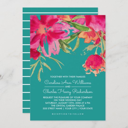 Floral Wedding door Turquoise Fuchsia Waterverf Kaart (Voorkant / Achterkant)