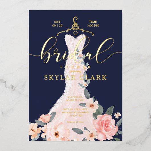 Floral Wedding Dress Navy Bridal Shower Folie Uitnodiging (Voorkant)