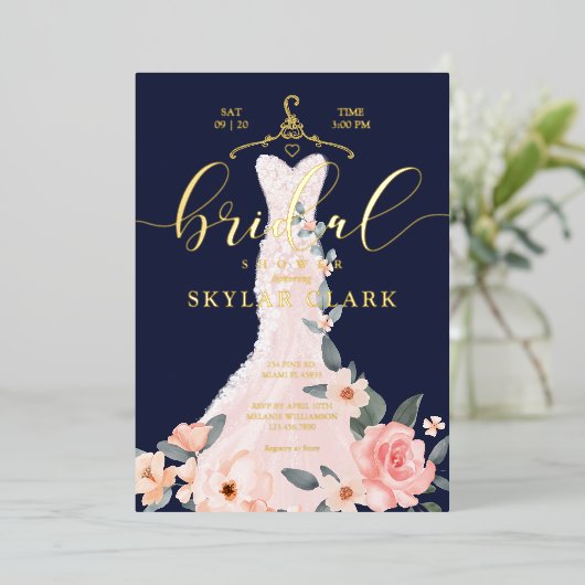 Floral Wedding Dress Navy Bridal Shower Folie Uitnodiging (Staand Voorkant)