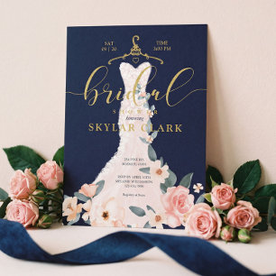 Floral Wedding Dress Navy Bridal Shower Kaart