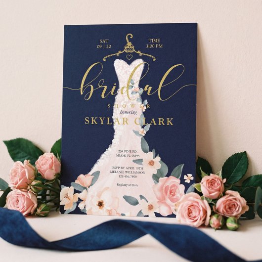 Floral Wedding Dress Navy Bridal Shower Kaart