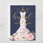 Floral Wedding Dress Navy Bridal Shower Kaart (Voorkant)