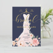 Floral Wedding Dress Navy Bridal Shower Kaart (Staand voorkant)