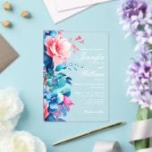 Floral Wedding Elegant Script Typografie Blauw Roz Acryl Uitnodigingen (Insitu (Huwelijk))