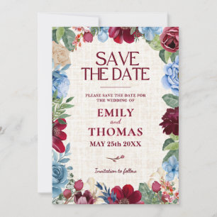 Floral Wedding, Elegante Bourgogne & Navy Romantis Save The Date