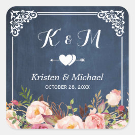 Floral Wedding Favor Navy Blue Chalkboard Vierkante Sticker