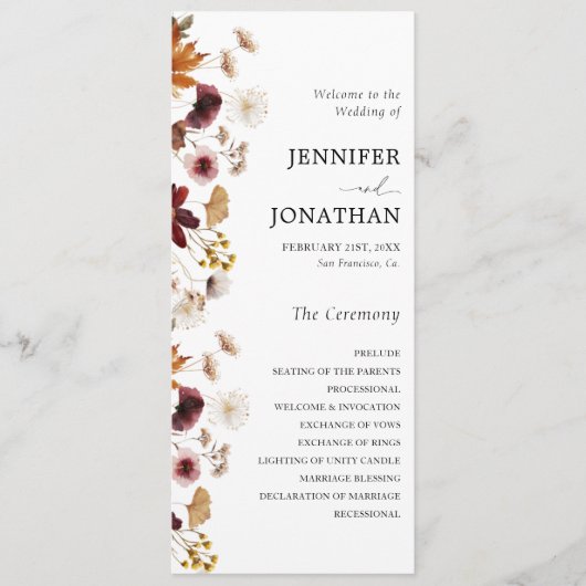 Floral Wedding Flat Programme van de Herfst Burgun Programmakaart (Voorkant)