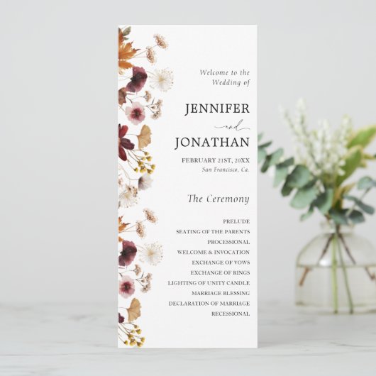 Floral Wedding Flat Programme van de Herfst Burgun Programmakaart (Staand voorkant)