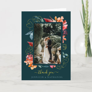 Floral Wedding Foto Deep Blauwgroen Rust Waterverf Bedankkaart