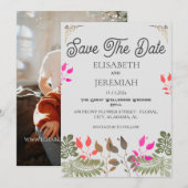 Floral Wedding Foto Save the Date Announding Kaart (Voorkant / Achterkant)