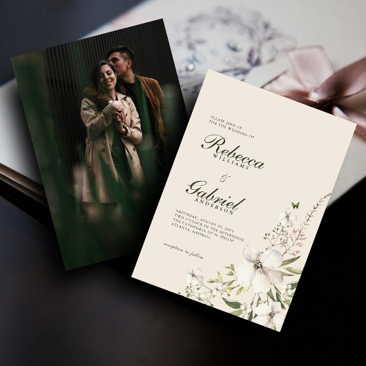 Floral Wedding Foto van Elegant Script Waterverf Kaart