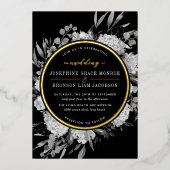 Floral Wedding Gold Black and White Waterverf Folie Uitnodiging (Voorkant)