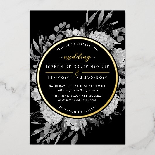 Floral Wedding Gold Black and White Waterverf Folie Uitnodiging (Voorkant)