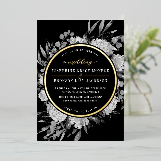 Floral Wedding Gold Black and White Waterverf Folie Uitnodiging (Staand Voorkant)
