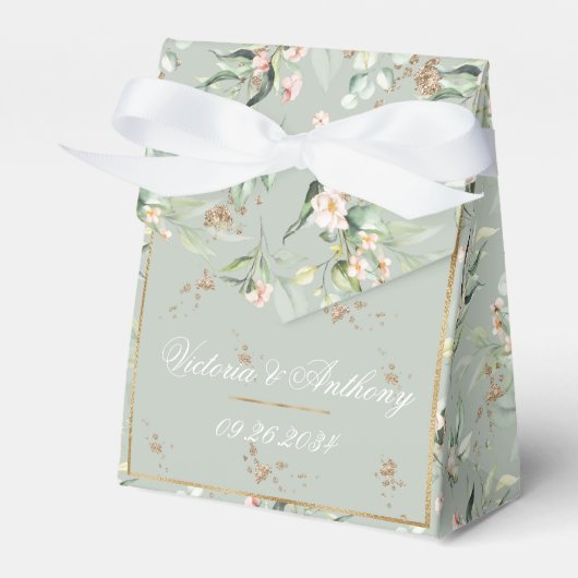 Floral Wedding Gold Sage Green Waterverf Bedankdoosjes (Voorkant Zijde)