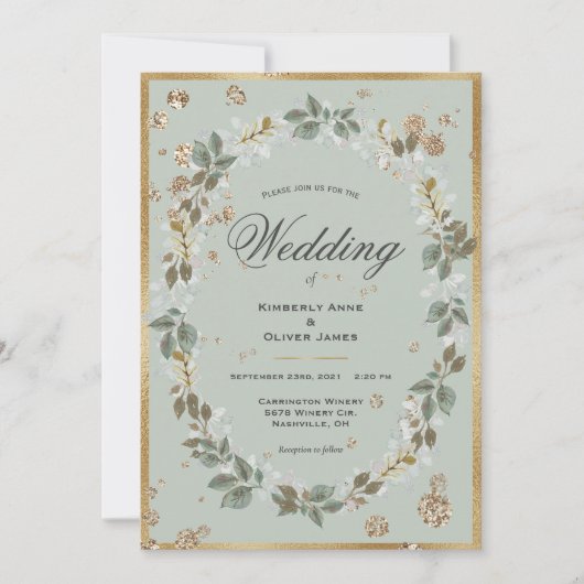 Floral Wedding Gold Sage Green Waterverf Kaart (Voorkant)
