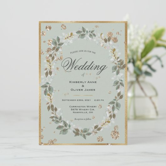 Floral Wedding Gold Sage Green Waterverf Kaart (Staand voorkant)