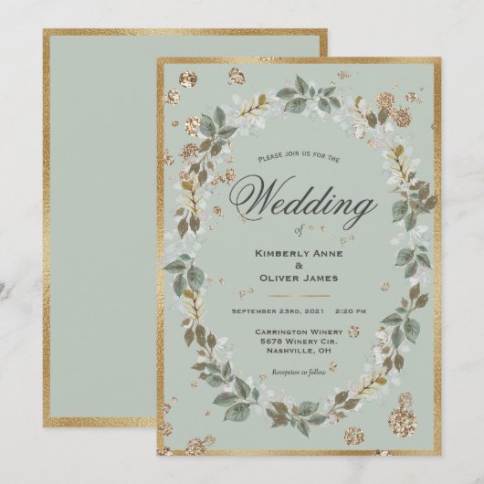 Floral Wedding Gold Sage Green Waterverf Kaart (Voorkant / Achterkant)