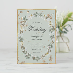 Floral Wedding Gold Sage Green Waterverf Kaart