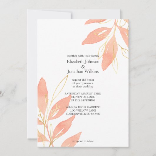 Floral Wedding Golden Peach Waterverf Kaart (Voorkant)