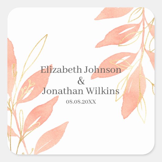 Floral Wedding Golden Peach Waterverf Vierkante Sticker (Voorkant)