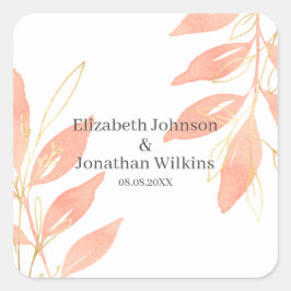 Floral Wedding Golden Peach Waterverf Vierkante Sticker
