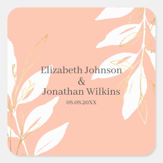 Floral Wedding Golden Peach Waterverf Vierkante Sticker (Voorkant)