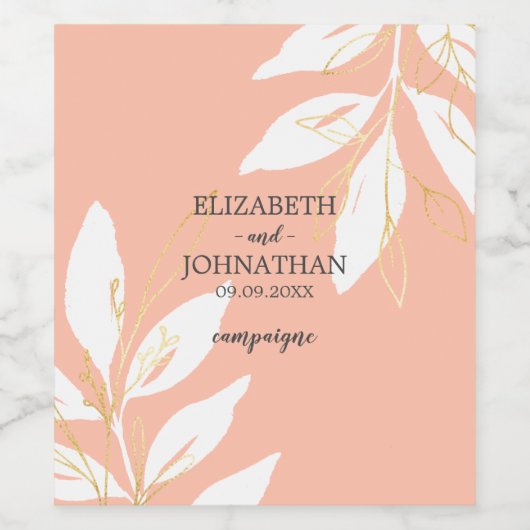 Floral Wedding Golden Peach Waterverf Wijn Etiket (Enkel label)