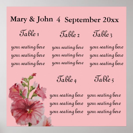 Floral Wedding "Hollyhock"-zitkaart. Poster (Voorkant)